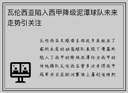 瓦伦西亚陷入西甲降级泥潭球队未来走势引关注 瓦伦西亚陷入西甲降级泥潭球队未来走势引关注